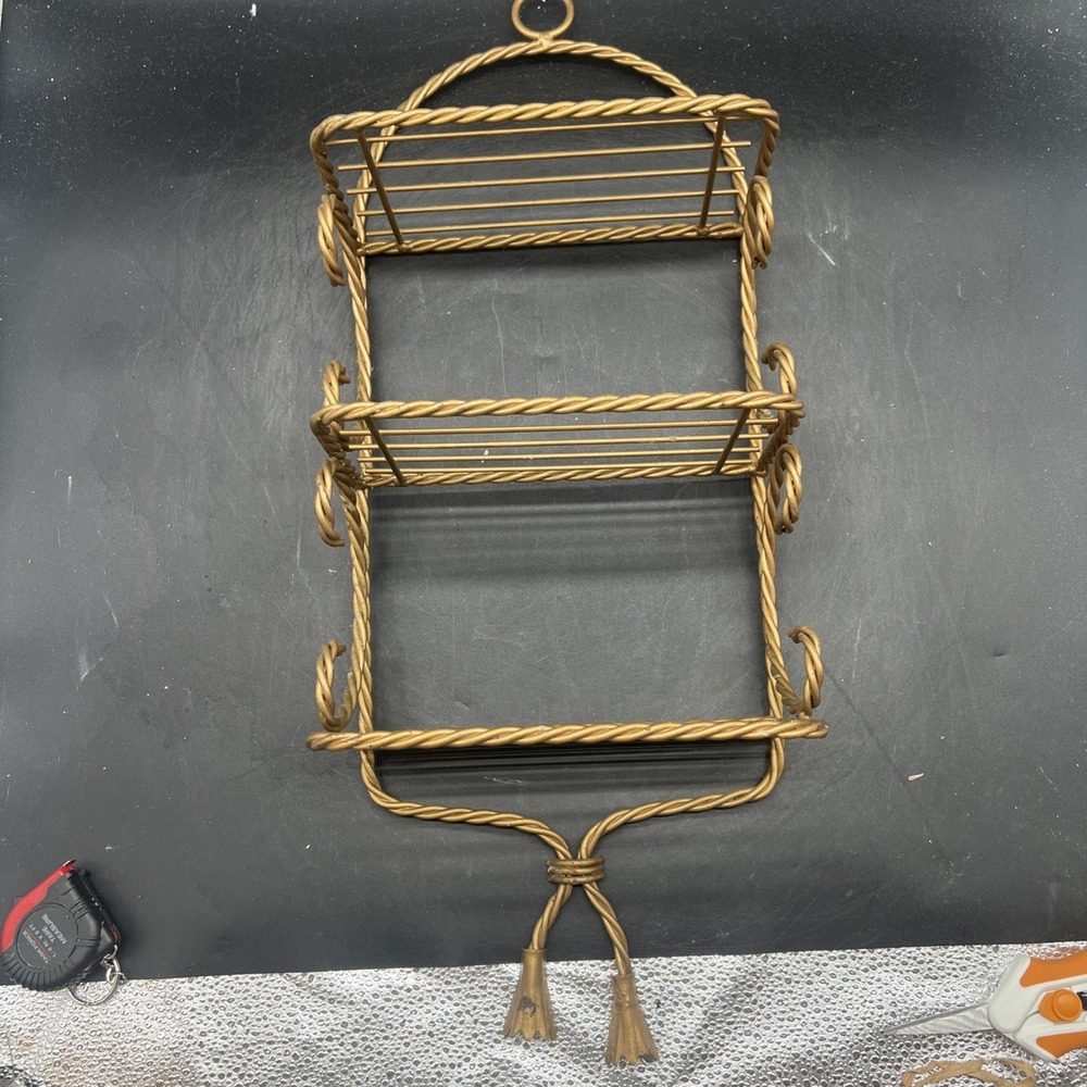 Vintage Hollywood Regency 3 Tier Wall Shelf Twisted Rope Gold Metal Homco
